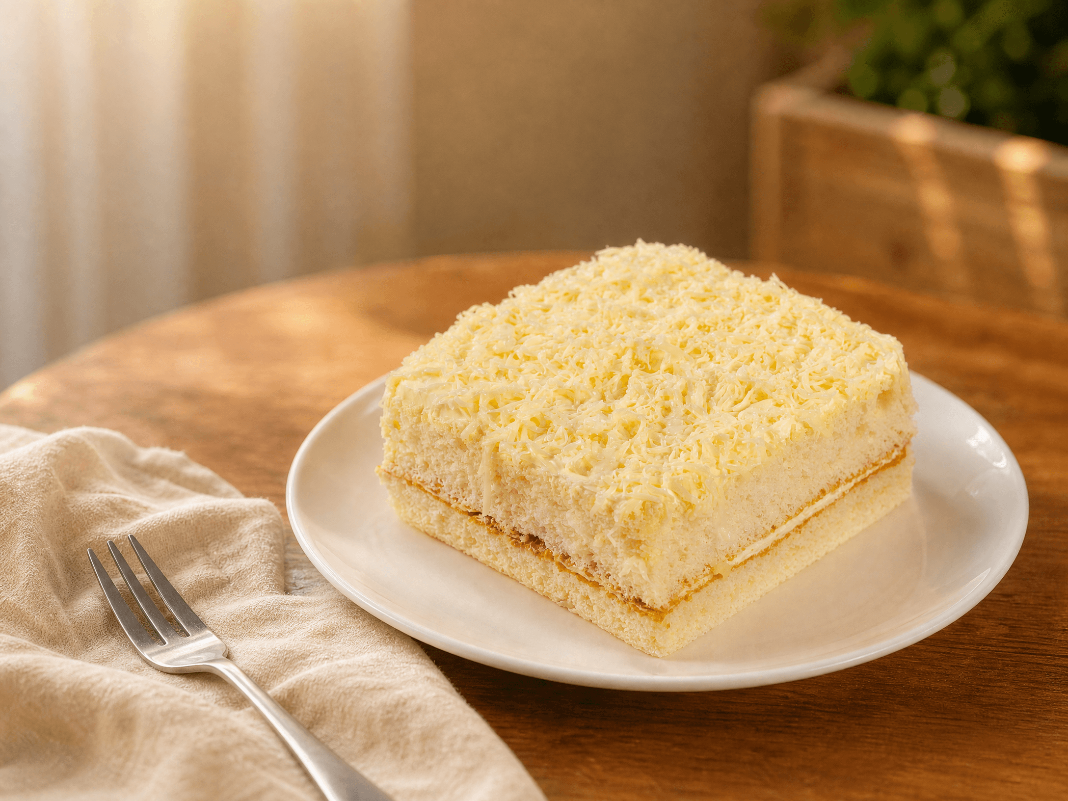 Cheese Cake served on a warm café table